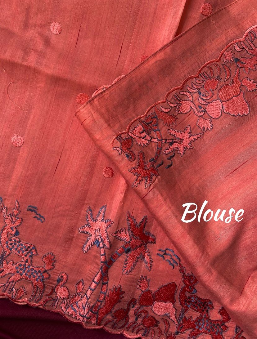 Luxuriant Peach Embroidery Work Tussar Silk Saree With Wonderful Blouse Piece