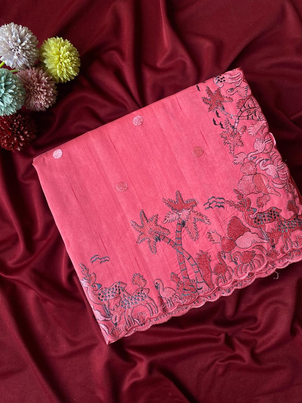 Nemesis Pink Embroidery Work Tussar Silk Saree With Desuetude Blouse Piece