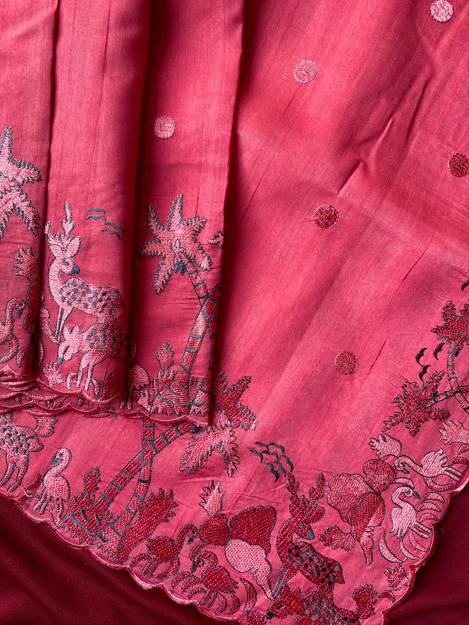 Nemesis Pink Embroidery Work Tussar Silk Saree With Desuetude Blouse Piece