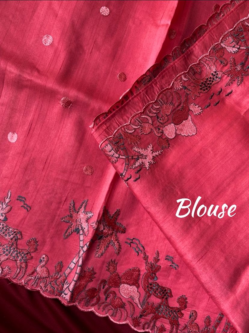 Nemesis Pink Embroidery Work Tussar Silk Saree With Desuetude Blouse Piece