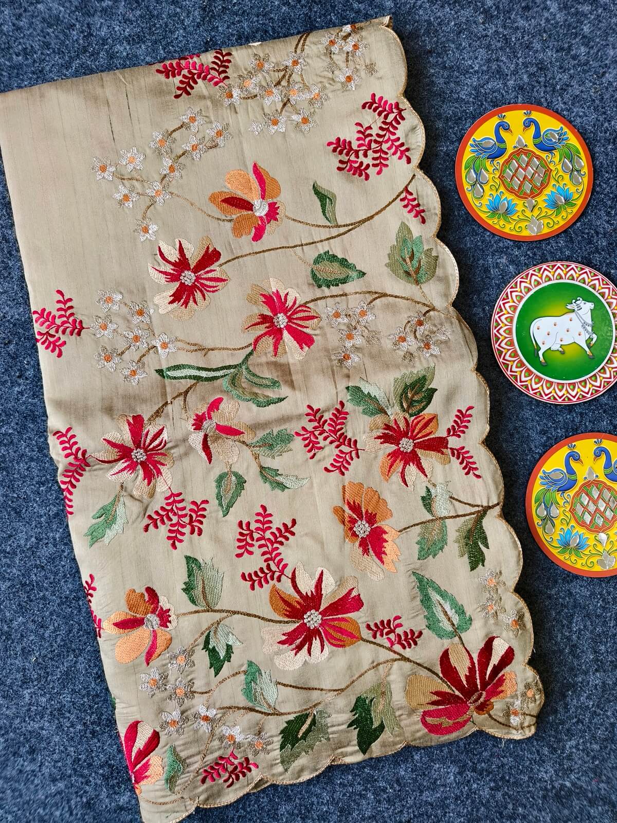 Evocative Beige Embroidery Work Tussar Silk Saree With Staggering Blouse Piece