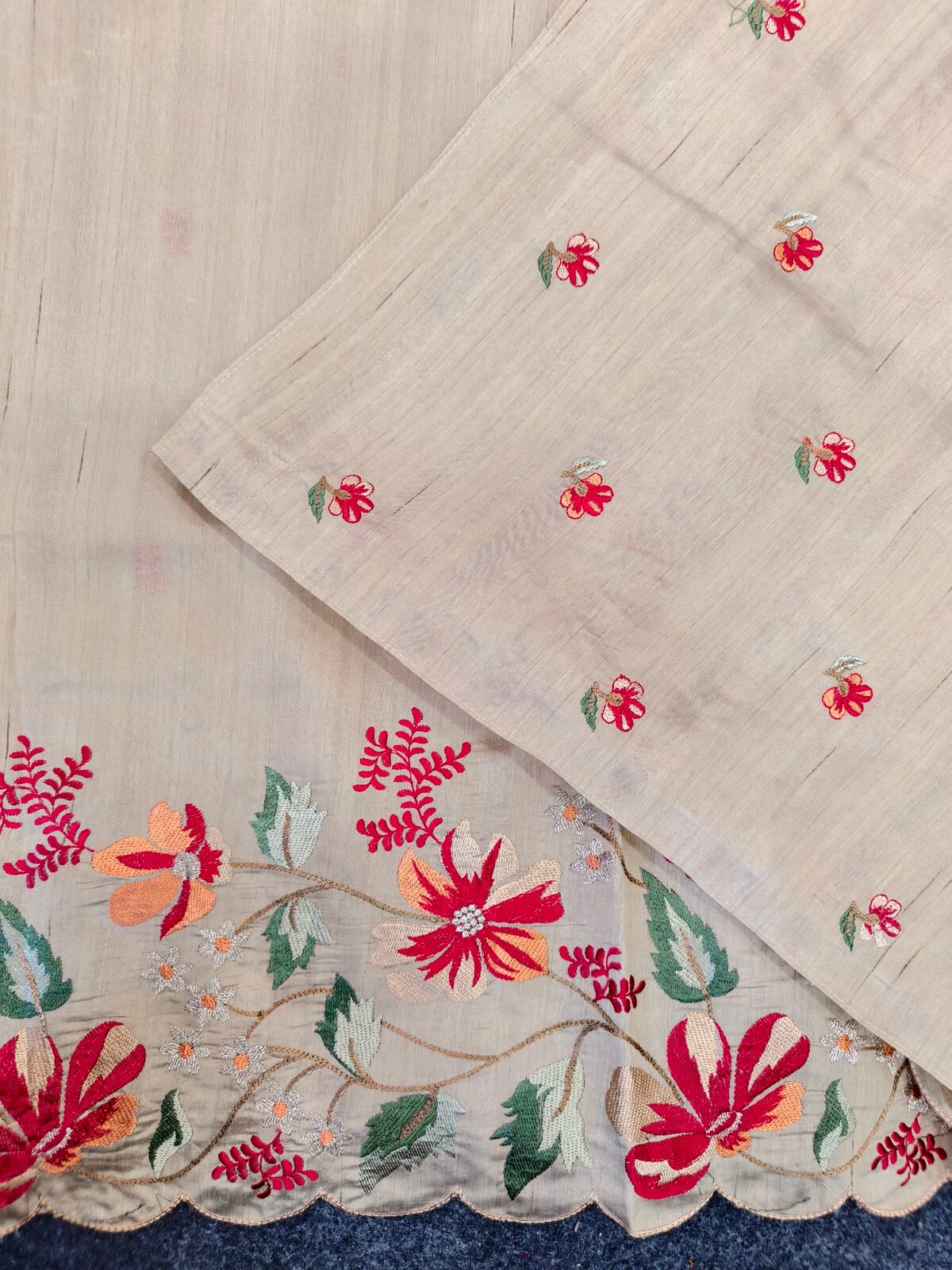Evocative Beige Embroidery Work Tussar Silk Saree With Staggering Blouse Piece