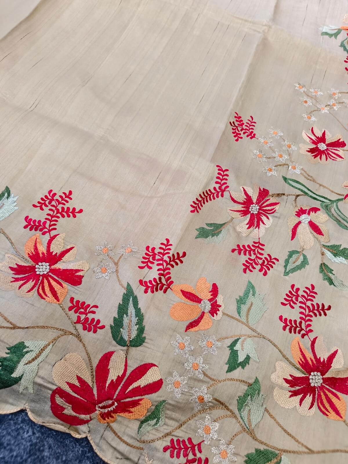 Evocative Beige Embroidery Work Tussar Silk Saree With Staggering Blouse Piece