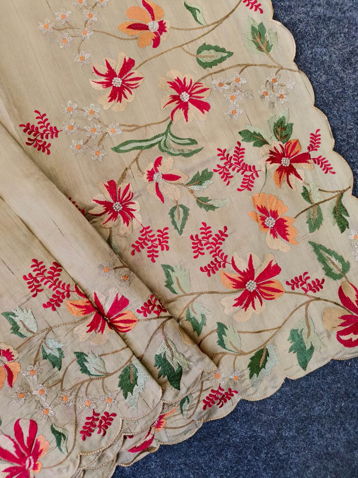 Evocative Beige Embroidery Work Tussar Silk Saree With Staggering Blouse Piece
