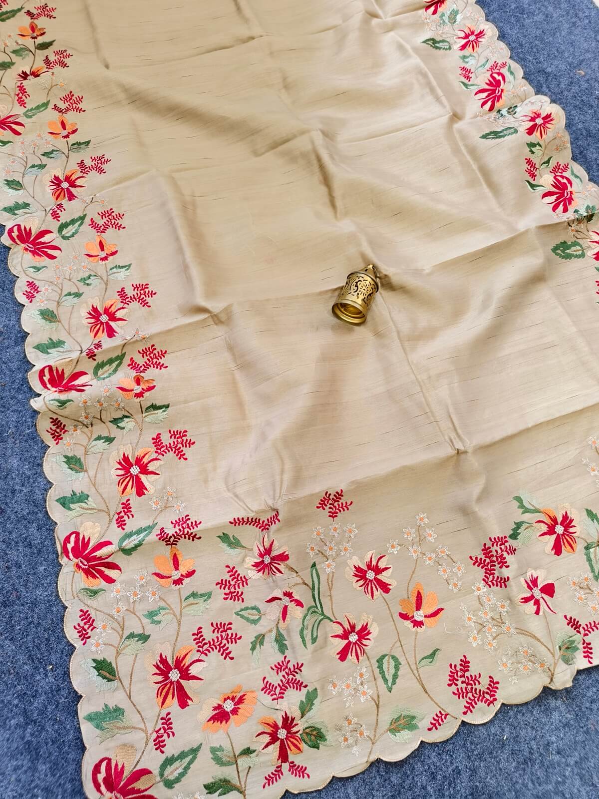 Evocative Beige Embroidery Work Tussar Silk Saree With Staggering Blouse Piece