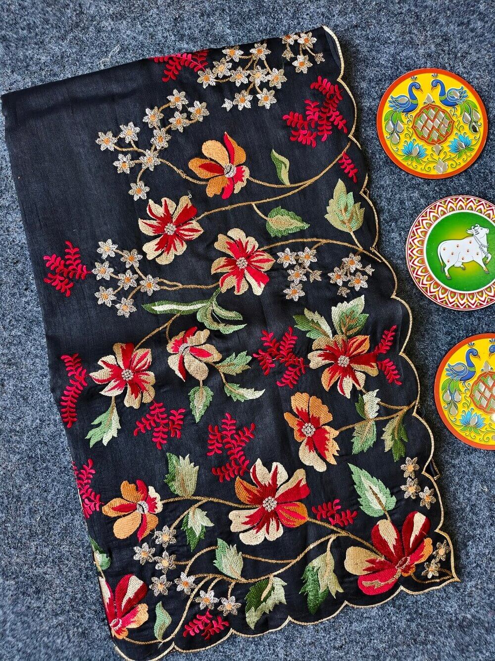 Glamorous Black Embroidery Work Tussar Silk Saree With Epiphany Blouse Piece