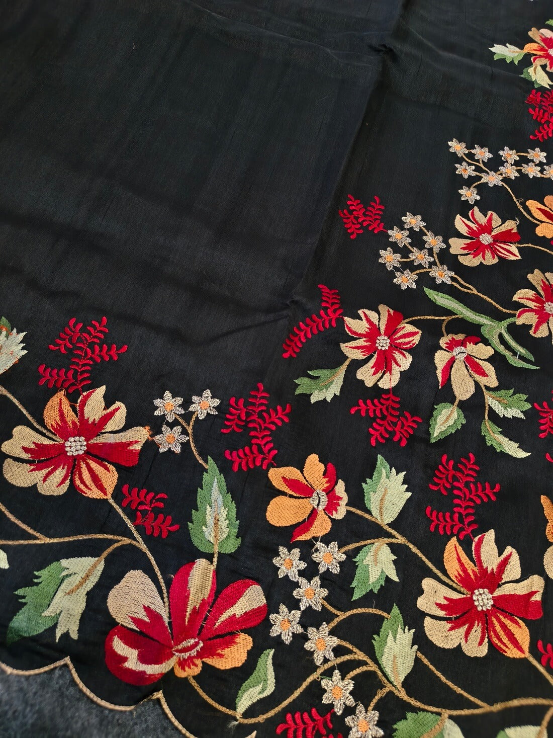 Glamorous Black Embroidery Work Tussar Silk Saree With Epiphany Blouse Piece
