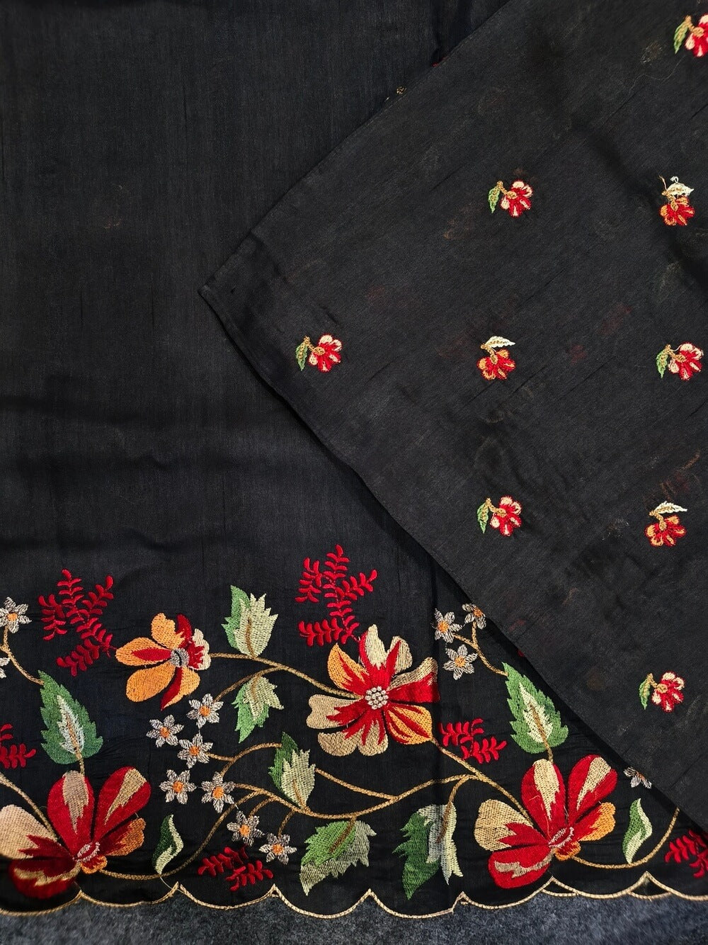 Glamorous Black Embroidery Work Tussar Silk Saree With Epiphany Blouse Piece