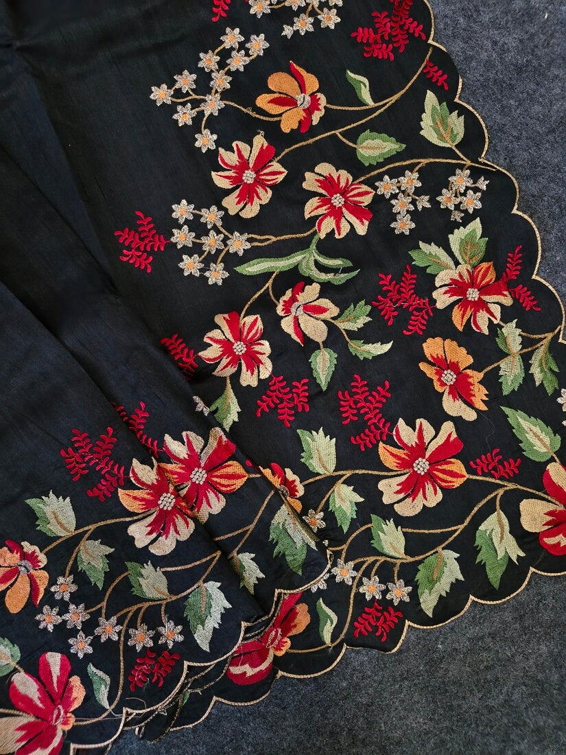 Glamorous Black Embroidery Work Tussar Silk Saree With Epiphany Blouse Piece