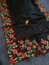 Glamorous Black Embroidery Work Tussar Silk Saree With Epiphany Blouse Piece