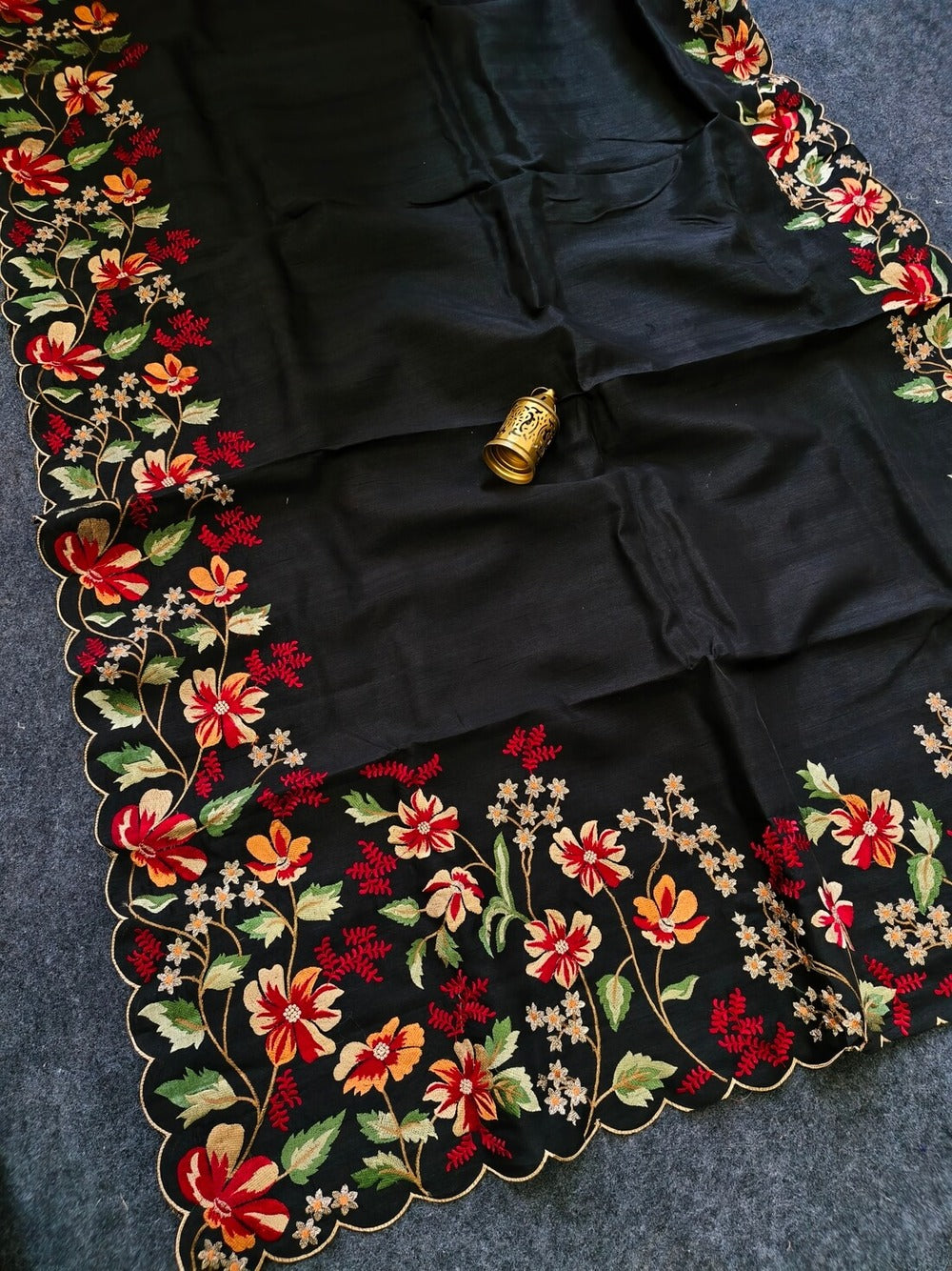 Glamorous Black Embroidery Work Tussar Silk Saree With Epiphany Blouse Piece