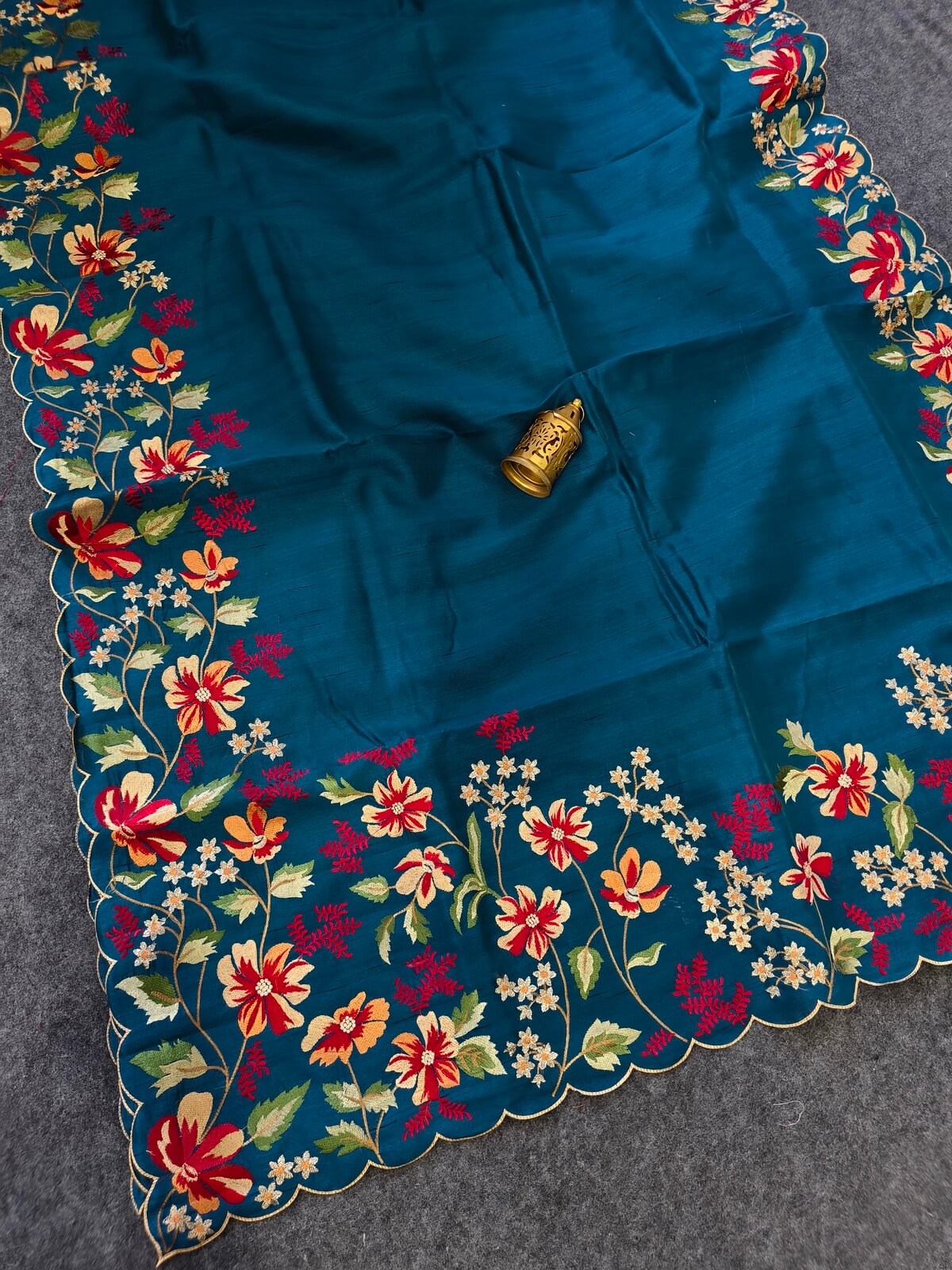 Blooming Blue Embroidery Work Tussar Silk Saree With Comely Blouse Piece
