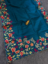 Blooming Blue Embroidery Work Tussar Silk Saree With Comely Blouse Piece