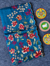 Blooming Blue Embroidery Work Tussar Silk Saree With Comely Blouse Piece