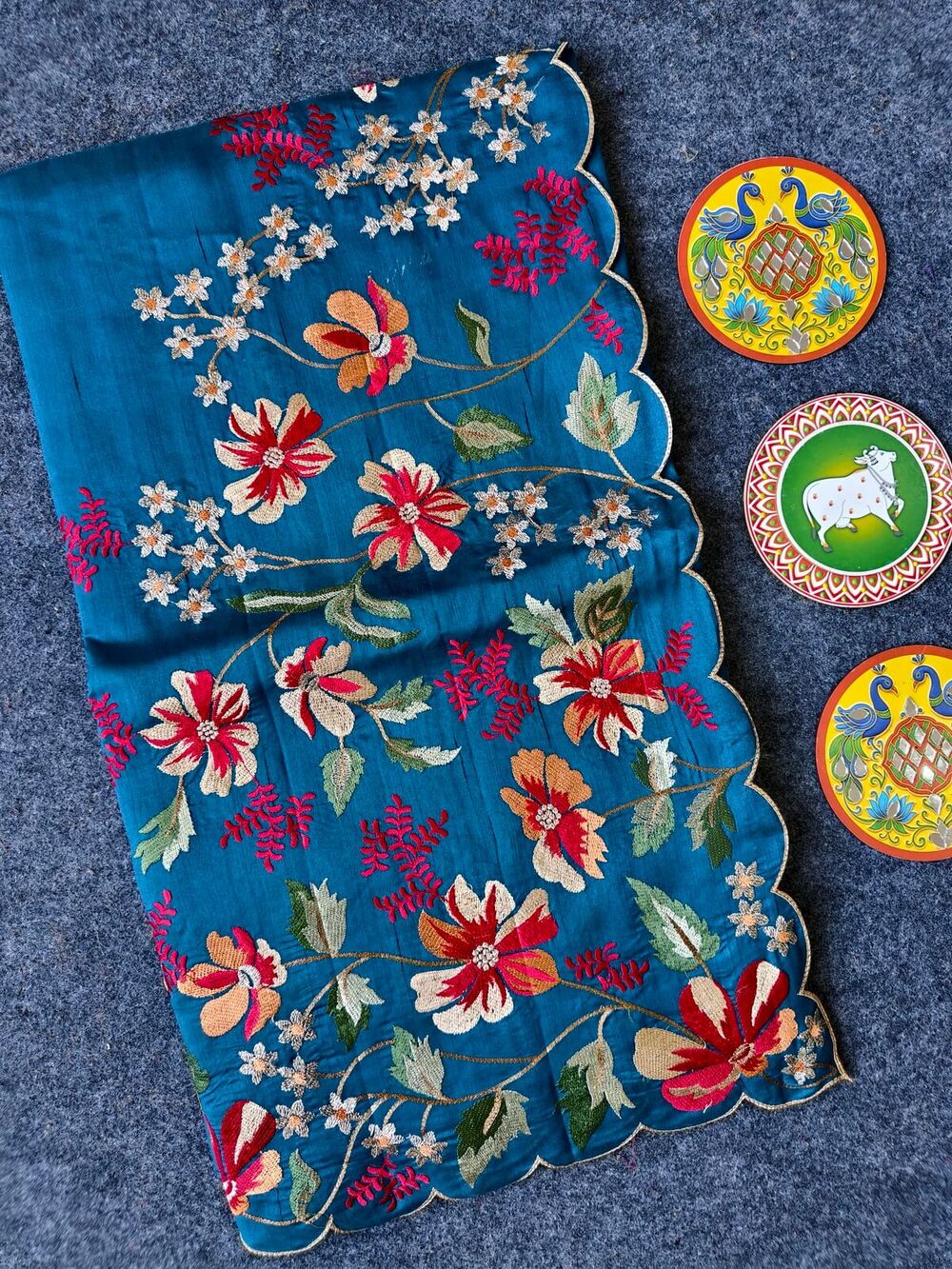 Blooming Blue Embroidery Work Tussar Silk Saree With Comely Blouse Piece