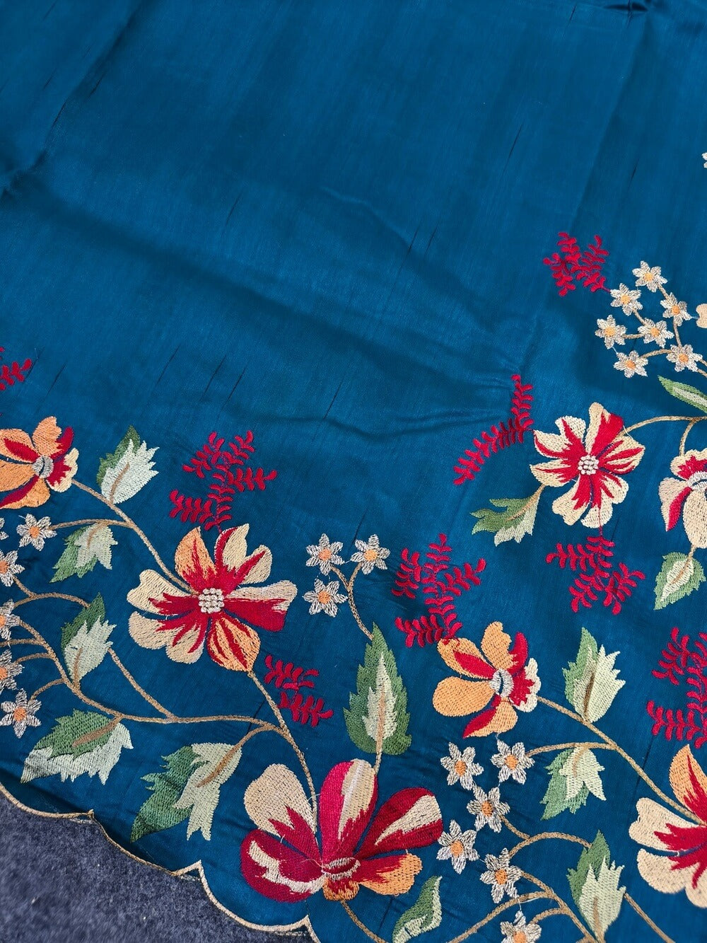 Blooming Blue Embroidery Work Tussar Silk Saree With Comely Blouse Piece