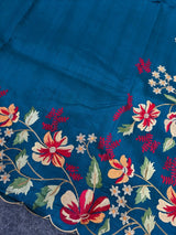Blooming Blue Embroidery Work Tussar Silk Saree With Comely Blouse Piece