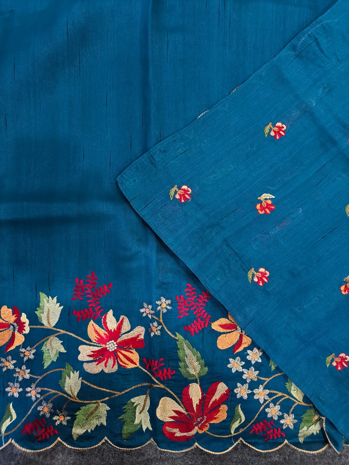 Blooming Blue Embroidery Work Tussar Silk Saree With Comely Blouse Piece