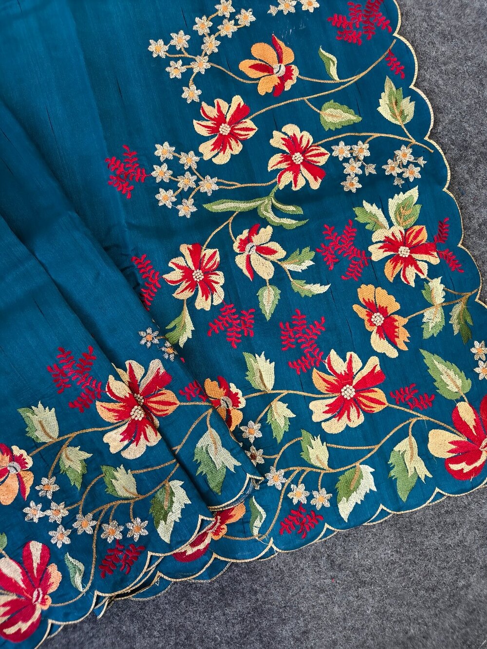 Blooming Blue Embroidery Work Tussar Silk Saree With Comely Blouse Piece