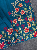 Blooming Blue Embroidery Work Tussar Silk Saree With Comely Blouse Piece