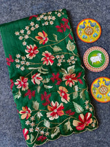 Scintillating Dark Green Embroidery Work Tussar Silk Saree With Luminous Blouse Piece