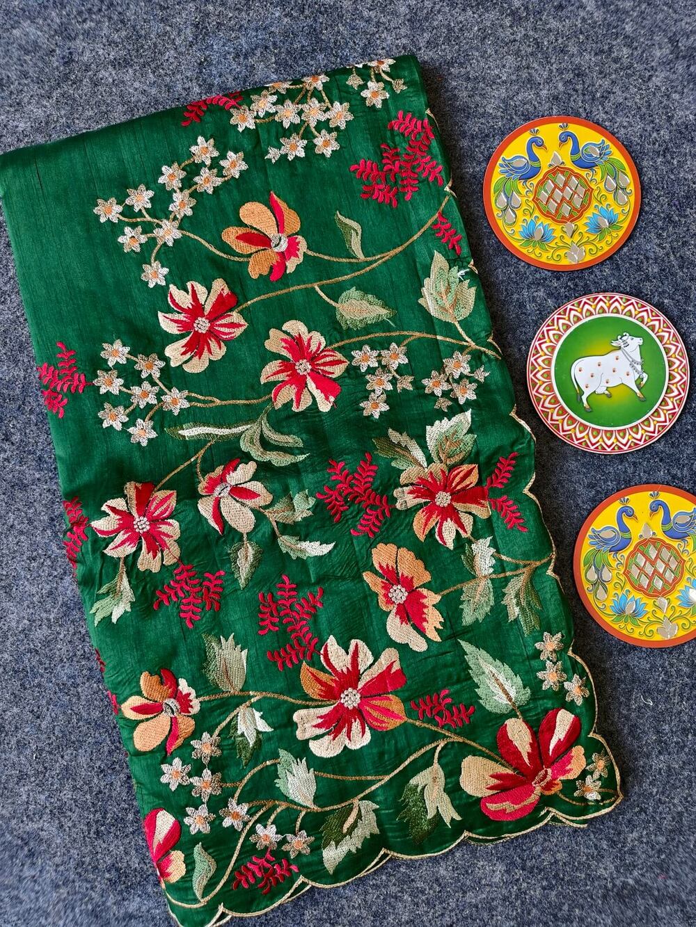 Scintillating Dark Green Embroidery Work Tussar Silk Saree With Luminous Blouse Piece