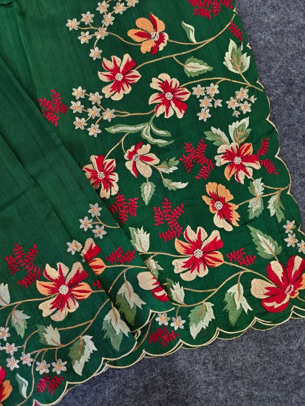 Scintillating Dark Green Embroidery Work Tussar Silk Saree With Luminous Blouse Piece