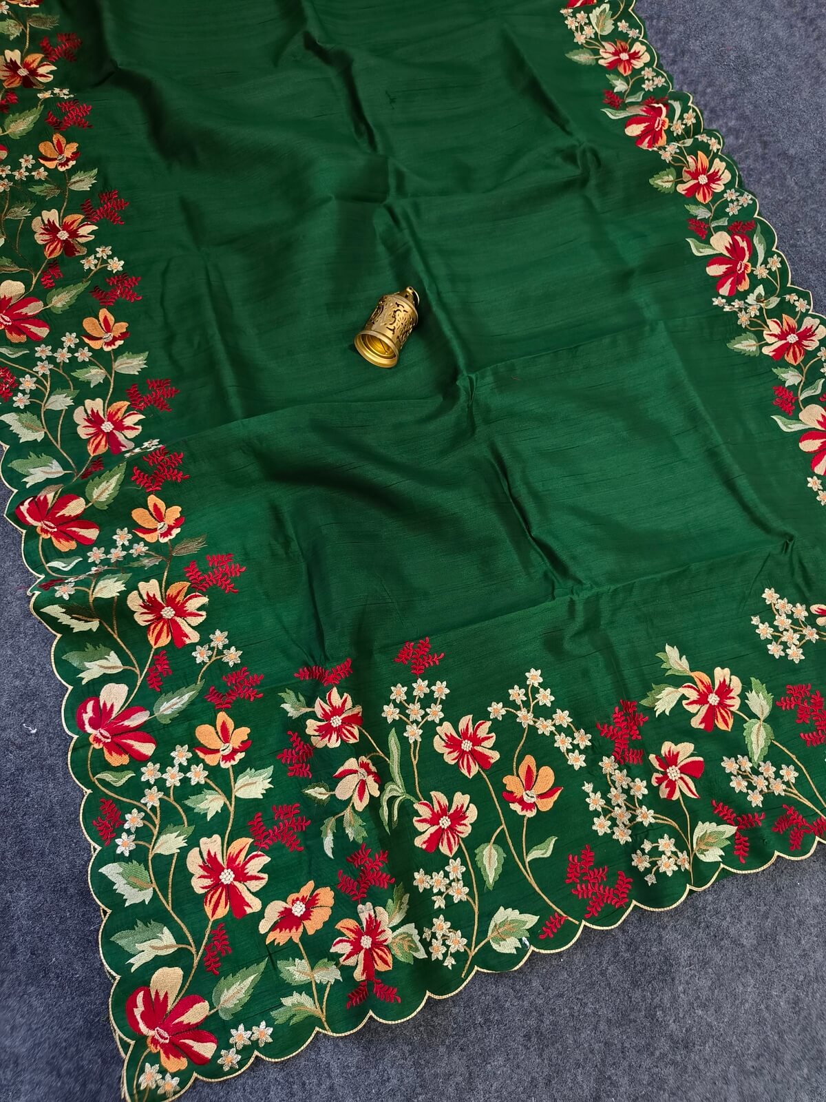 Scintillating Dark Green Embroidery Work Tussar Silk Saree With Luminous Blouse Piece