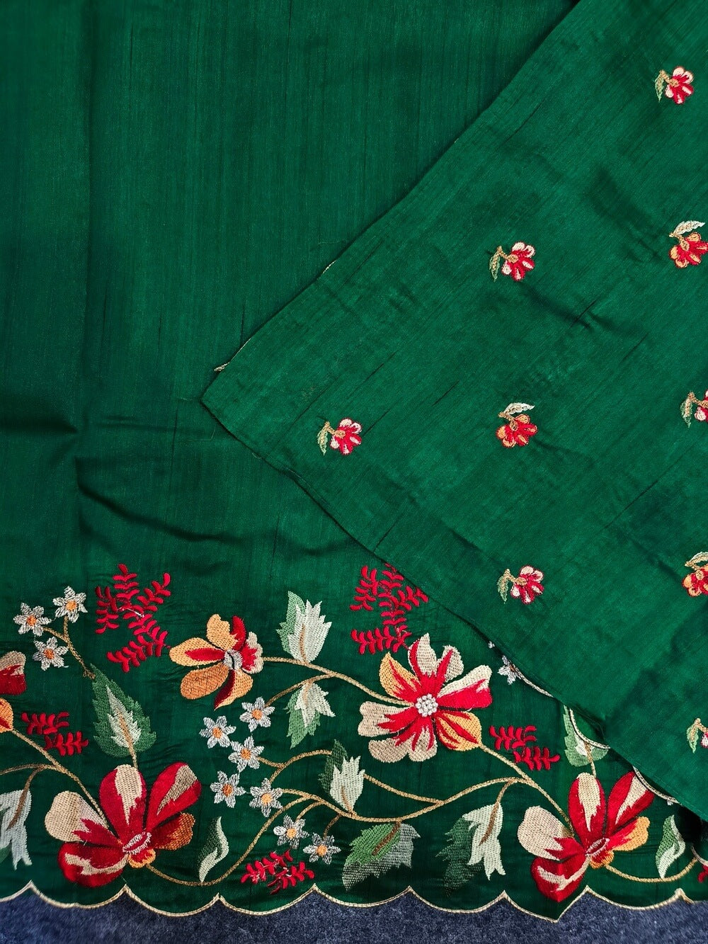 Scintillating Dark Green Embroidery Work Tussar Silk Saree With Luminous Blouse Piece