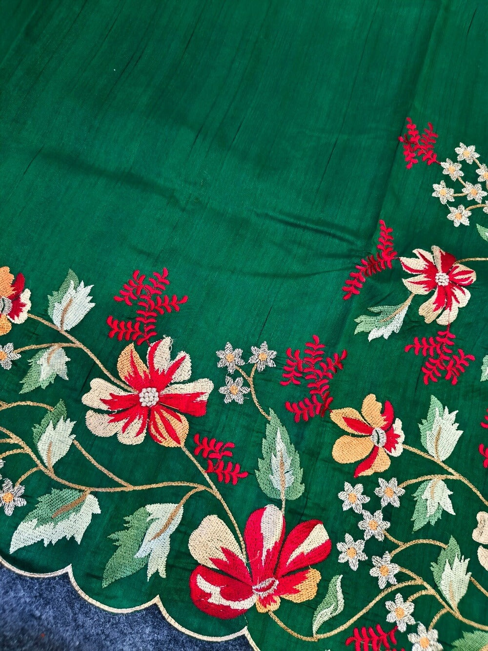 Scintillating Dark Green Embroidery Work Tussar Silk Saree With Luminous Blouse Piece
