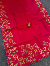 Quintessential Dark Pink Embroidery Work Tussar Silk Saree With Snazzy Blouse Piece