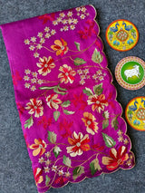 Prettiest Purple Embroidery Work Tussar Silk Saree With Verdant Blouse Piece