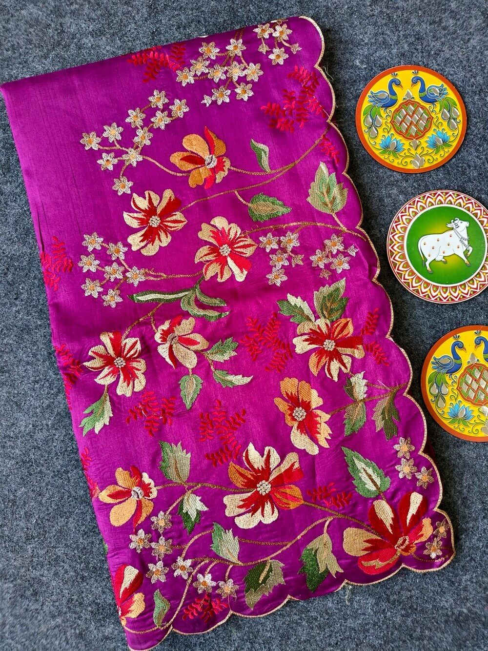 Prettiest Purple Embroidery Work Tussar Silk Saree With Verdant Blouse Piece
