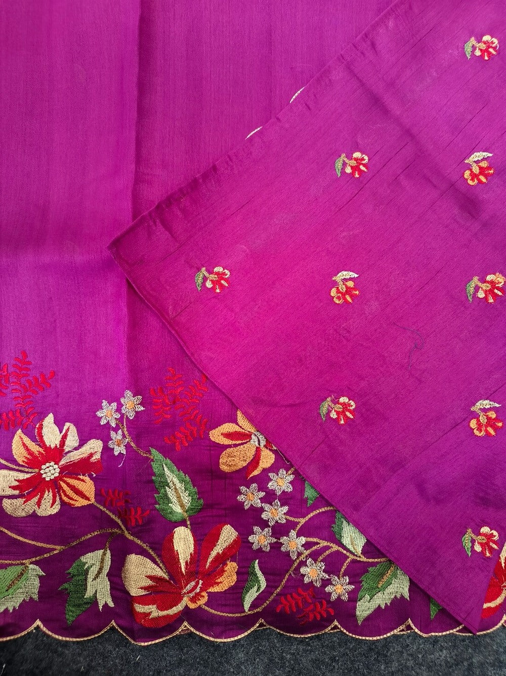 Prettiest Purple Embroidery Work Tussar Silk Saree With Verdant Blouse Piece