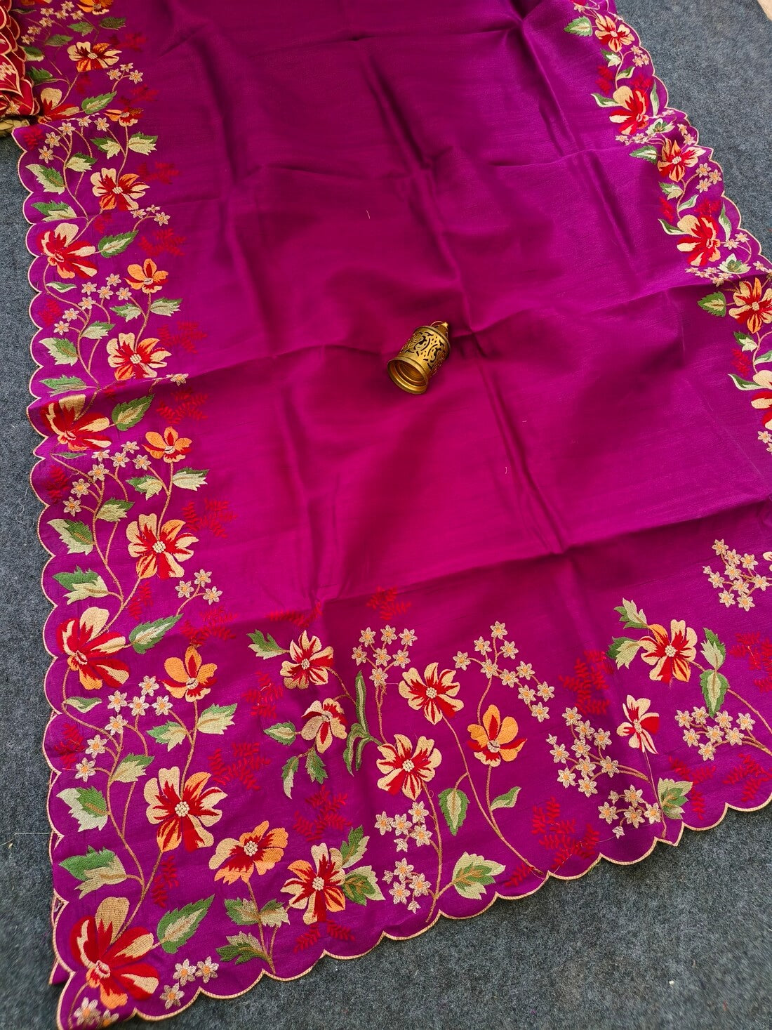Prettiest Purple Embroidery Work Tussar Silk Saree With Verdant Blouse Piece