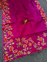 Prettiest Purple Embroidery Work Tussar Silk Saree With Verdant Blouse Piece