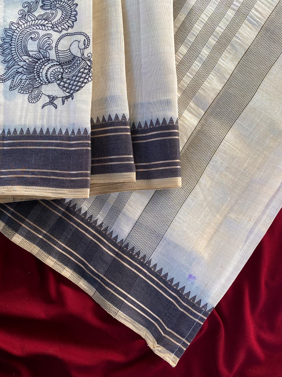 Surreptitious Off White Embroidery Work Tussar Silk Saree With Comely Blouse Piece