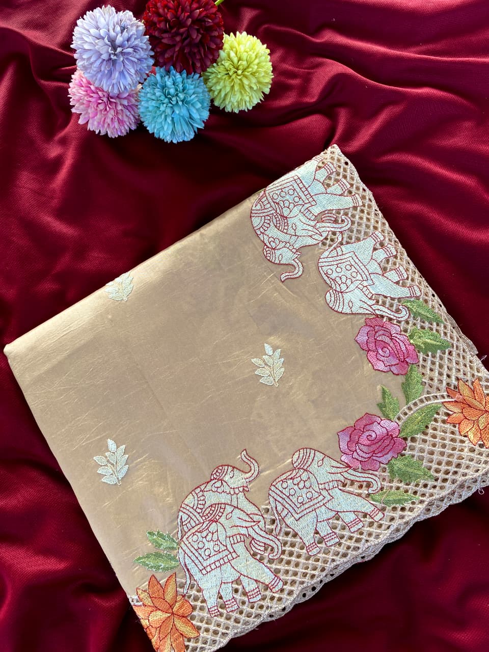Inimitable Beige Embroidery Work Tussar Silk Saree With Sonorous Blouse Piece