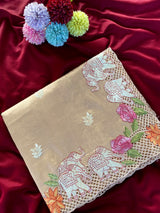 Inimitable Beige Embroidery Work Tussar Silk Saree With Sonorous Blouse Piece