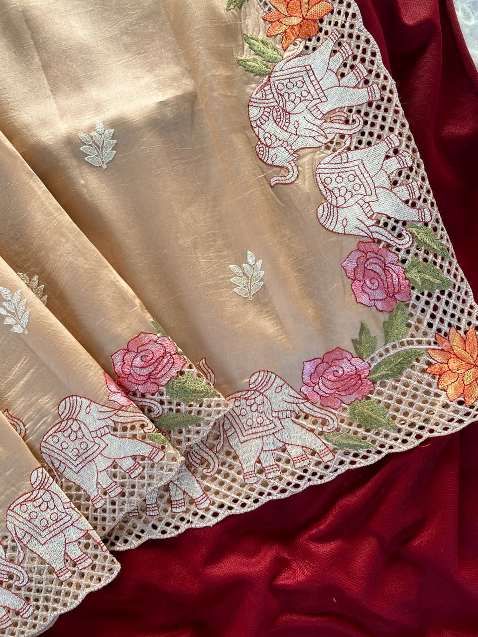 Inimitable Beige Embroidery Work Tussar Silk Saree With Sonorous Blouse Piece