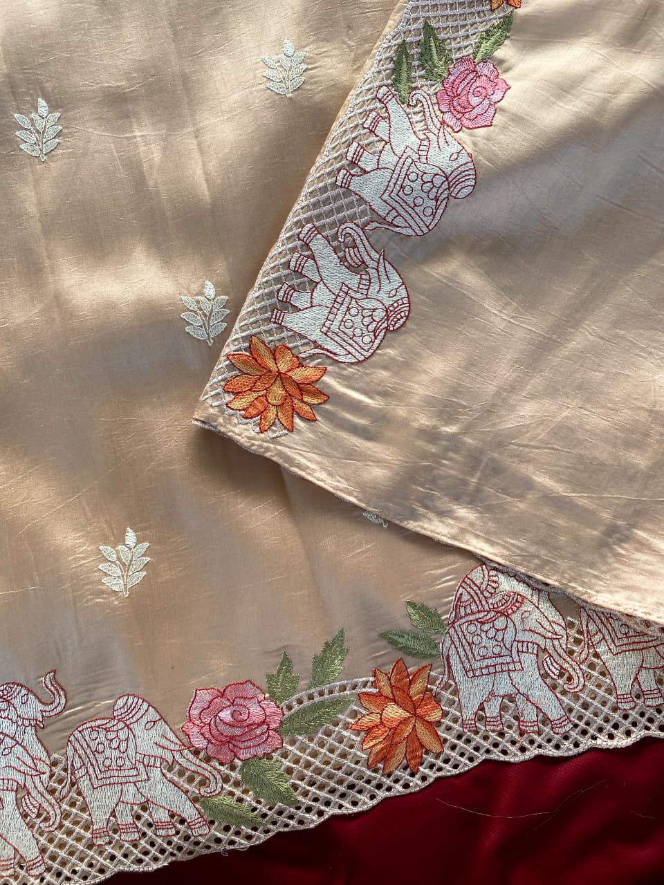 Inimitable Beige Embroidery Work Tussar Silk Saree With Sonorous Blouse Piece