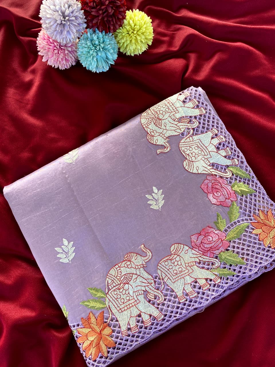Glorious Lavender Embroidery Work Tussar Silk Saree With Classy Blouse Piece