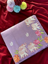 Glorious Lavender Embroidery Work Tussar Silk Saree With Classy Blouse Piece