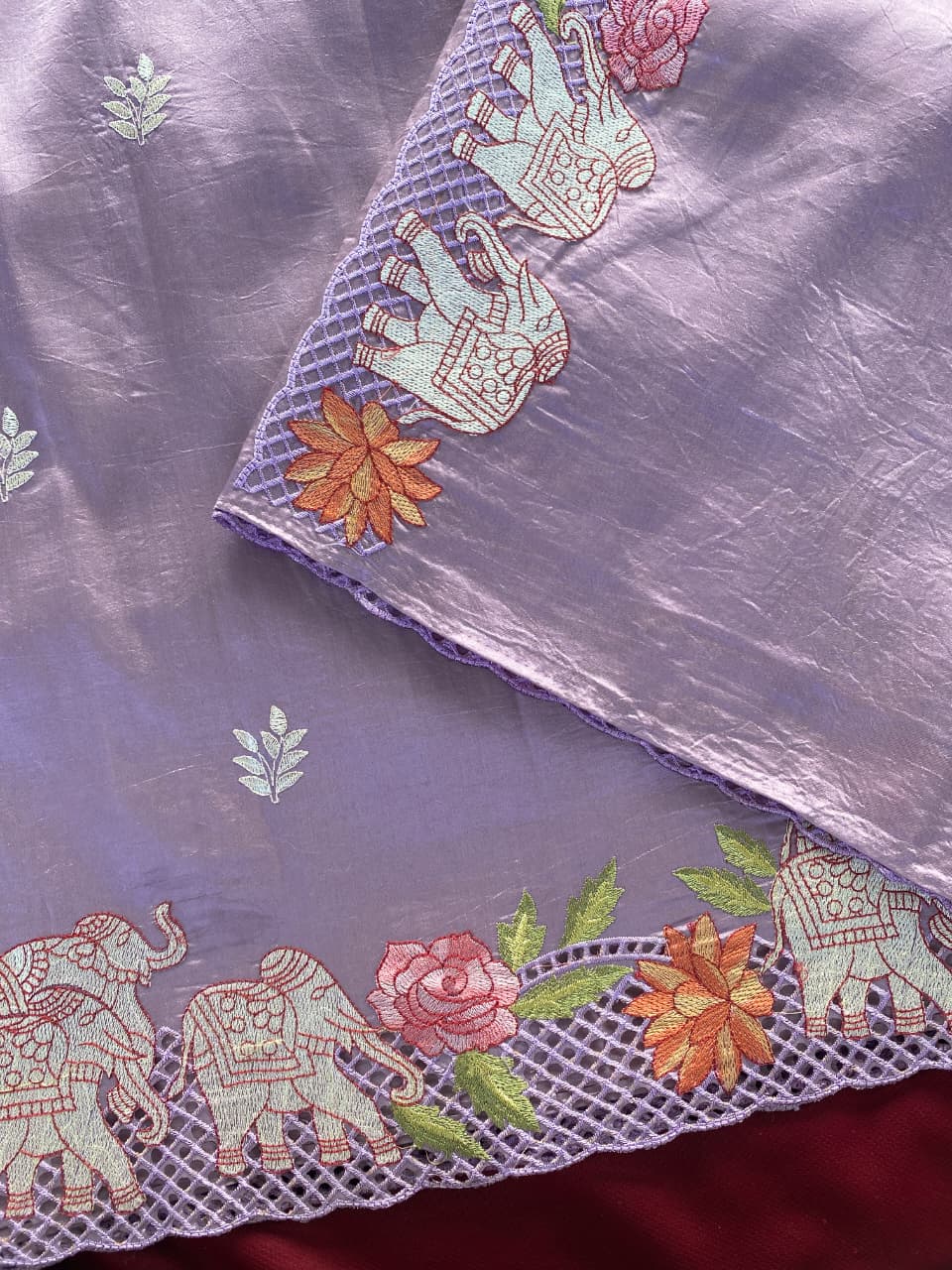 Glorious Lavender Embroidery Work Tussar Silk Saree With Classy Blouse Piece