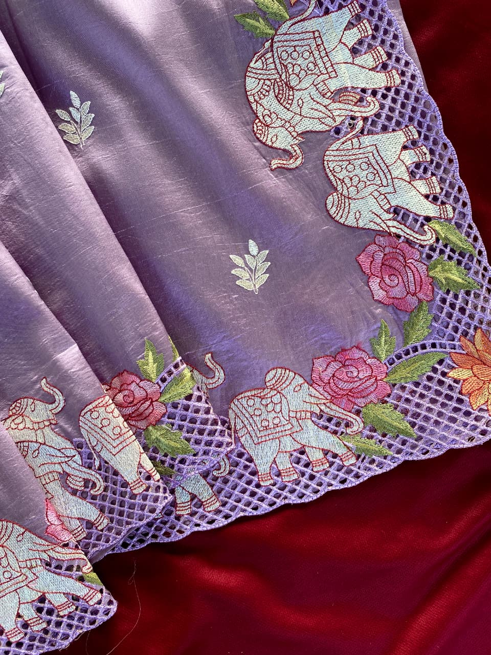 Glorious Lavender Embroidery Work Tussar Silk Saree With Classy Blouse Piece