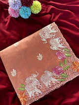 Wonderful Peach Embroidery Work Tussar Silk Saree With Radiant Blouse Piece