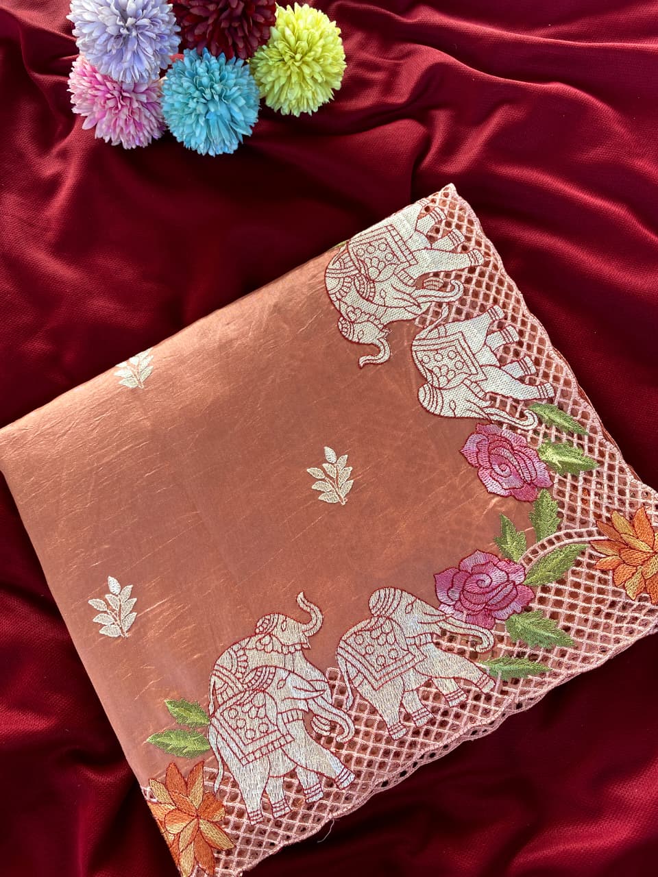 Wonderful Peach Embroidery Work Tussar Silk Saree With Radiant Blouse Piece