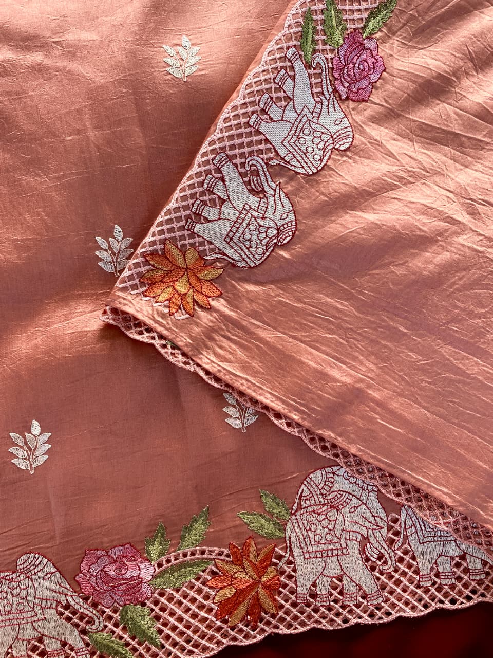 Wonderful Peach Embroidery Work Tussar Silk Saree With Radiant Blouse Piece