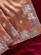 Wonderful Peach Embroidery Work Tussar Silk Saree With Radiant Blouse Piece
