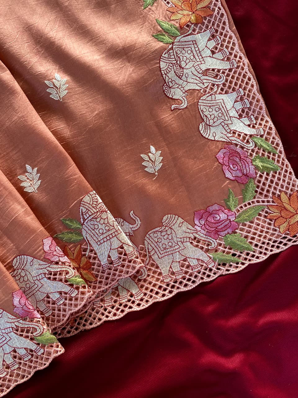 Wonderful Peach Embroidery Work Tussar Silk Saree With Radiant Blouse Piece